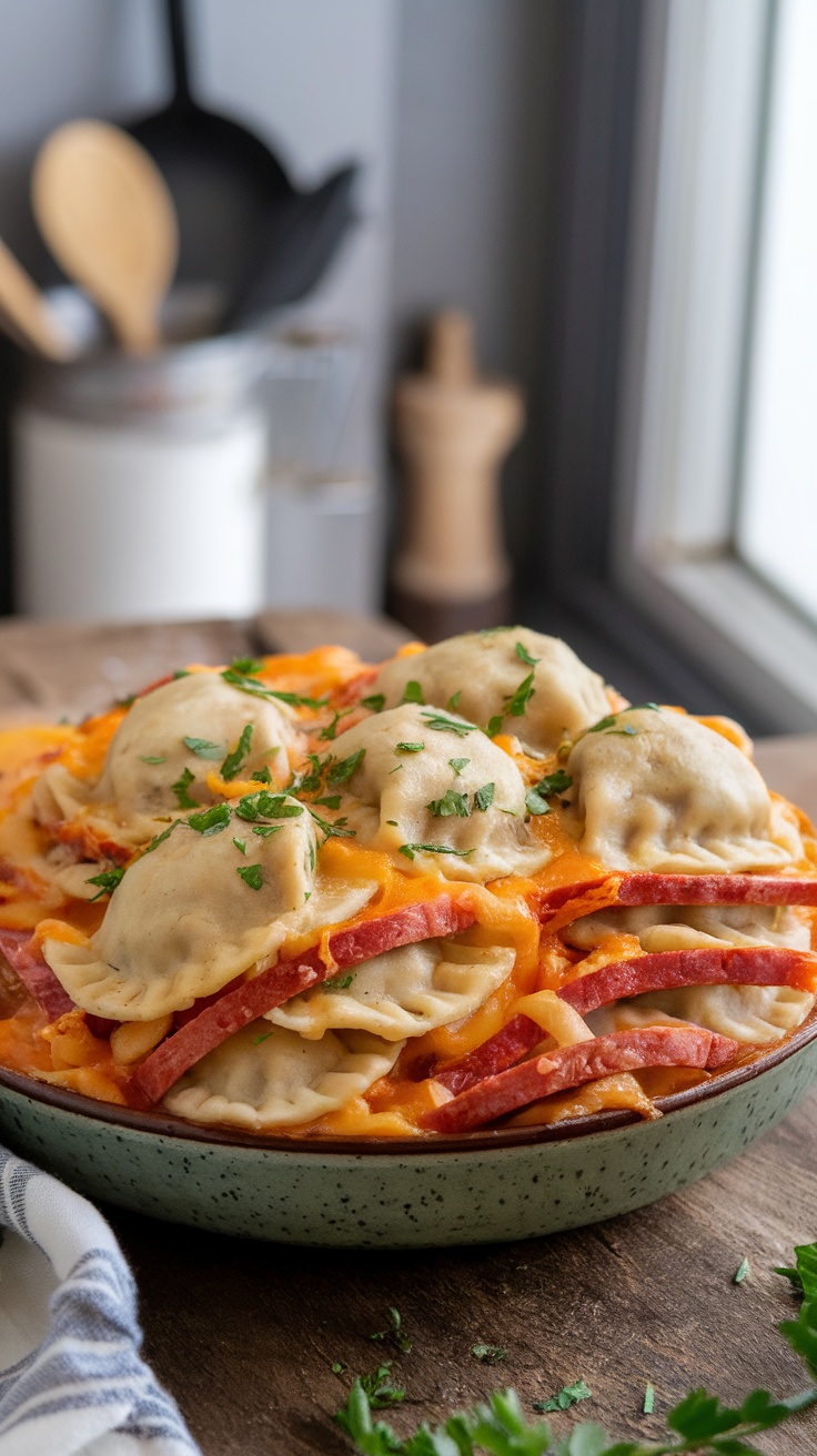 Cheesy pierogi casserole with kielbasa in a crockpot, garnished with parsley, on a rustic table.